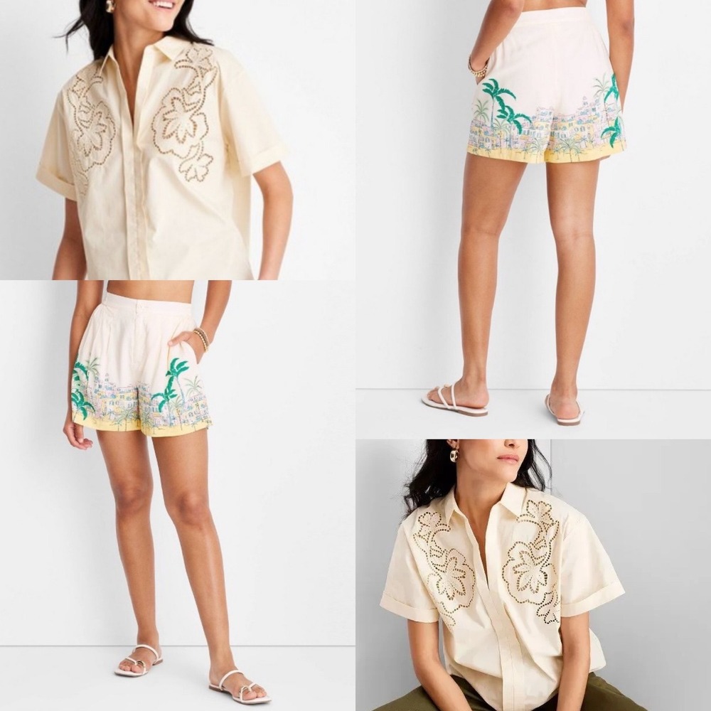 NWT Future Collective Resortwear Crochet Euro Summer Shorts Top Set Cream XXS